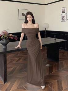 Modelyn Women's Off Shoulder Ruched Waist Elegant Wedding/Occasion Dress,Fall Wedding Guest Dress - Coffee - View 7