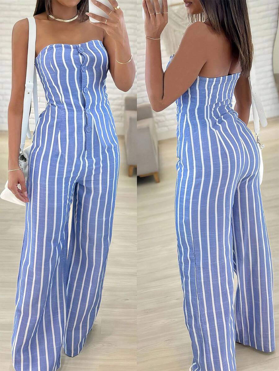 INAWLY 优雅女士抹胸条纹直筒连体裤，适合通勤 - 藍色 - 查看 1
