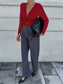 Chiquease Elegant French Style V-Neck Long Sleeve Fitted Red T-Shirt For Women, New Autumn Collection - Red - View 4