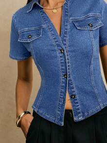 Poéselle 女式短袖单排扣修身休闲牛仔夹克 - 中等水洗藍 - 查看 7