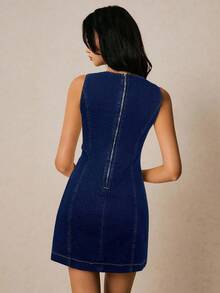 Poéselle 女士休闲简约修身圆领无袖牛仔连衣裙 - 深色水洗藍 - 查看 2