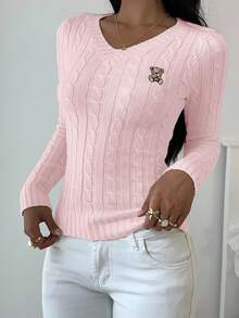 SHEIN EZwear Women's Autumn Cartoon Bear Embroidery & Twist Cable Pattern V-Neck Long Sleeve Fitted Sweater,Fall Women Sweaters Pullover For Women Cute Long Sleeve Tops Women Sweaters Pink Sweater - Pink - View 6