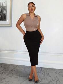 Xyvia Women's Elegant Back Slit Design Fleece Sweater & Bodycon Skirt Set, Suitable For Commute, Daily Wear, And Dates, Autumn/Winter - Black - View 4