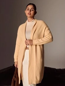 Juhart Áo khoác cardigan tay dài dáng rộng màu trơn thường ngày cỡ lớn dành cho nữ - Màu be - Xem 3
