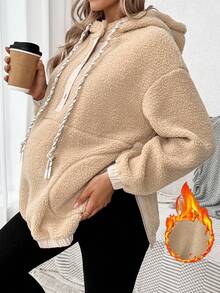 SHEIN Autumn And Winter Outdoor Casual Loose Hooded Warm Fleece Long Sleeve Maternity Sweatshirt - Khaki - View 7