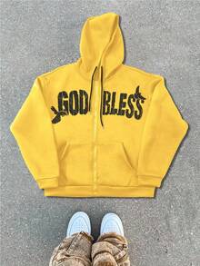 Manfinity Roghcode 男士休闲图案字母印花拉链连帽衫，秋冬 - 黃色 - 查看 3