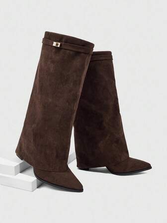 CUCCOO SZL Women's Pointed Toe Chunky Heel Suede Western Boots With Fringe, Slim Fit Tall Boots