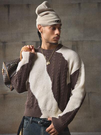 AXEPEAK Contrast Color Casual Loose Fit Crew Neck Long Sleeve Men Sweaters, Fall Winter