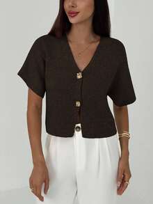 Aloruh New Minimalist Fashion Commuter Deep V-Neck Short Sleeve Slim Fit Double-Button Cardigan, Casual & Versatile In Fall/Winter,Brown Sweater - Coffee Brown - View 4