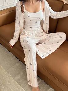 DAZY 3件套蝴蝶结印花吊带背心、裤子和长袖纽扣门襟上衣女士睡衣套装，秋冬服装 - 白色 - 查看 7