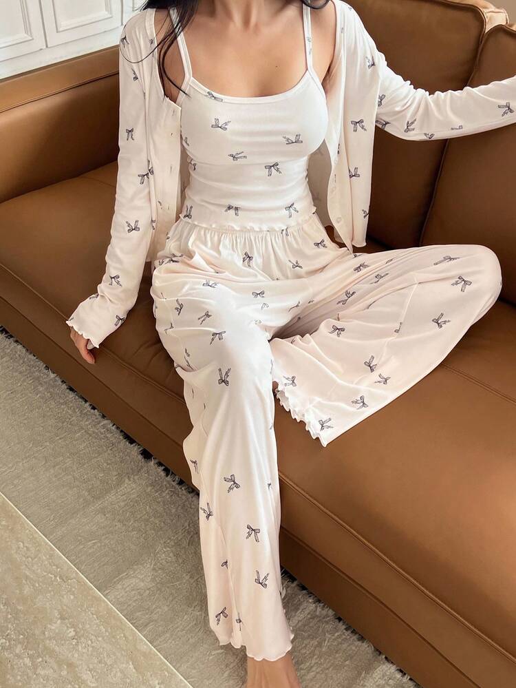 3pcs Bow Allover Print Camisole Top & Pants & Long Sleeve Button Placket Top Women Pajama Set, Fall Winter Clothes