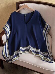 EMERY ROSE Plus Size Women's Striped Batwing Color-Blocking V-Neck Batwing Sleeve Summer Shirt