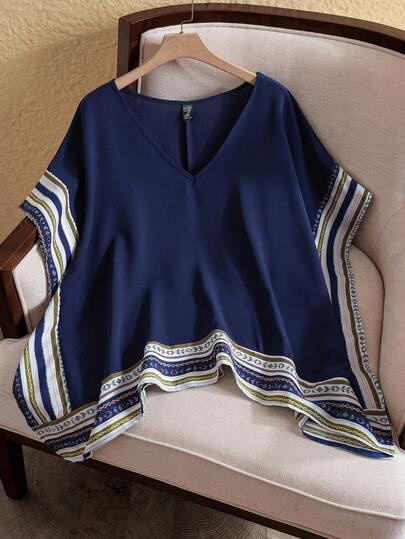 EMERY ROSE Plus Size Women's Striped Batwing Color-Blocking V-Neck Batwing Sleeve Summer Shirt,Spring/Vacation