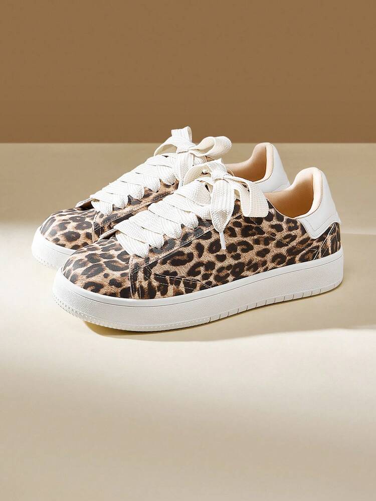 CUCCOO EASI Fashionable Leopard Print Lace-Up Comfortable Thick Sole Women Casual Sneakers