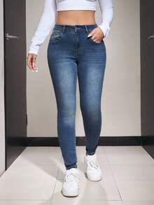 SHEIN PETITE 女式休闲水洗修身牛仔裤 - 中等水洗藍 - 查看 3