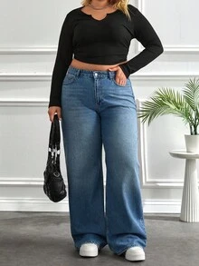 EURMUSE Casual 100% Cotton Plus Size Wide Leg Jeans Y2k Jeans Oversized Jeans High Waisted Jeans Baggy Jeans - Light Wash - View 6