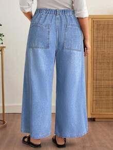 EMERY ROSE 大码女式高腰双口袋阔腿宽松休闲牛仔裤 - 淺色水洗藍 - 查看 2