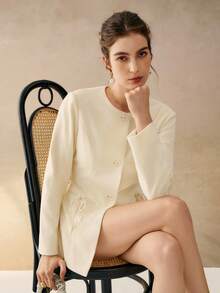 Cévolie 女士新款秋冬法式领结羊毛夹克和高腰阔腿短裤套装