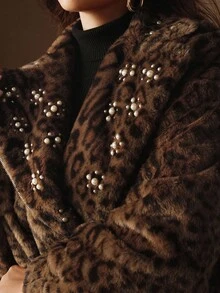 Anewsta Plus Size Women Leopard Print Beaded Padded Short Jacket, Autumn/Winter