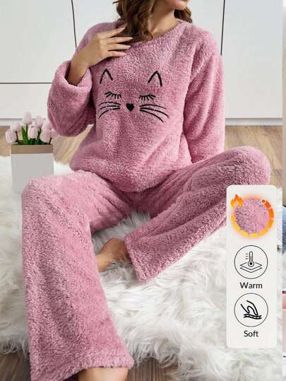 EURMUSE 2Pcs Plush Cute Cat Face Embroidery Detail PJ Set Cat Pajamas Women Cute Pajamas Set Women Fuzzy Pajamas Women Plush Pajamas Women Comfy Pajamas Set
