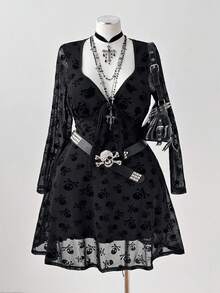 Sunspun Plus Size Dresses Fashionable Autumn Style Plus Size Punk Skull Print Chest Cup Short Dress