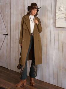 女士复古经典双排扣翻领系腰休闲中长款风衣，LanaWest - 棕色 - 查看 4