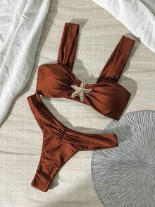 Swim Chiccia Women's Solid Color Thick Strap Metal Decor Holiday Swimwear Set - Brown - View 2