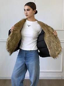 Livesso Women's Fur Collar Patchwork Long Sleeve Open Front Loose Winter Jacket Vest - Black - View 1
