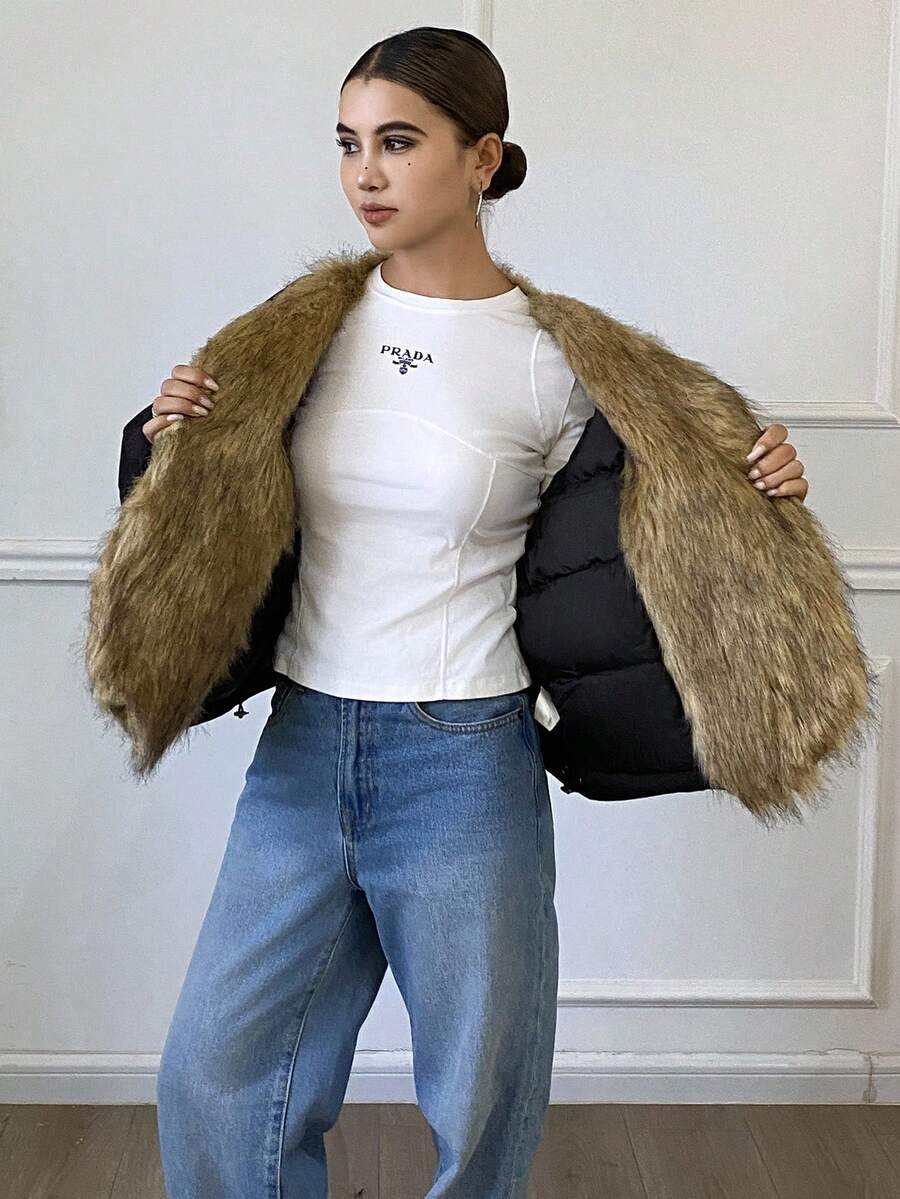 Livesso Women's Fur Collar Patchwork Long Sleeve Open Front Loose Winter Jacket Vest - Black - View 1