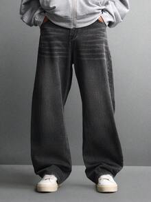 Quần jeans ống rộng cao cấp SUMWON, dáng suông thoải mái, kiểu skater, thích hợp cho mùa thu đông, phong cách đường phố hiện đại, màu trơn. - màu đen - Xem 5