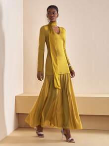 Zivah 2025 春夏新品 音乐节、复活节、圣帕特里克节、西部风、游牧风、生日派对、毕业典礼、学院风、学生风、日常休闲、基本百搭、休闲、邮轮旅行、海滩、日光浴、网络热潮、街头潮流、婚礼宾客波西米亚风、通勤、早午餐、机场 棕绿色 V 领长袖针织拼布网眼中长连衣裙（配围巾腰带） - 軍綠色 - 查看 1