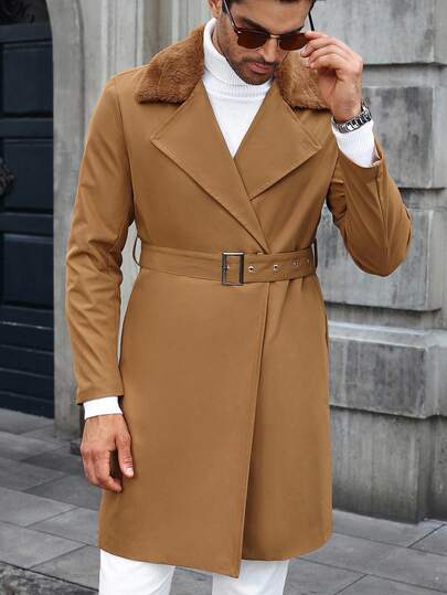 Manfinity Mode 2025 New Men's Autumn And Winter Woolen Overcoat Classic Style Trench Coat Long Style, Men's Autumn And Winter Outing Clothing, Men's Overcoat Windbreaker Woolen Overcoat,New Men's Autumn Coat, Autumn And Winter Jacket, Men's Autumn And Winter Outdoor Warm Coat Clothing,Men's Solid Color Lapel Neck Long Sleeve Casual Trench Coat Men Belted Coat Camel Coat Men Men Coat With Fur Collar,Casual And Simple Style, Urban Mature Style, British Gentleman Style, Italian Elegant Style, Business And Casual