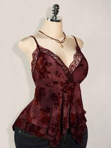 SHEIN ICON 加大码嬉皮女式蕾丝撞色印花不对称下摆吊带背心，适合节日、暑假、毕业季、返校季 - 彩色 - 查看 1