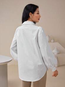 Veilorie Women's Solid Color Patchwork Fringe Lantern Sleeve Single-Breasted Casual Loose Shirt - White - View 4