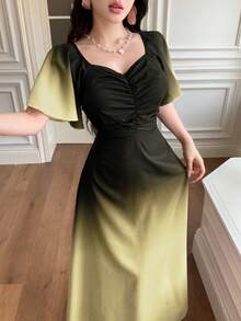 Modelyn 女式黑色和粉色渐变色蝙蝠印花褶饰短袖甜美法式夏装 - 黃色 - 查看 7