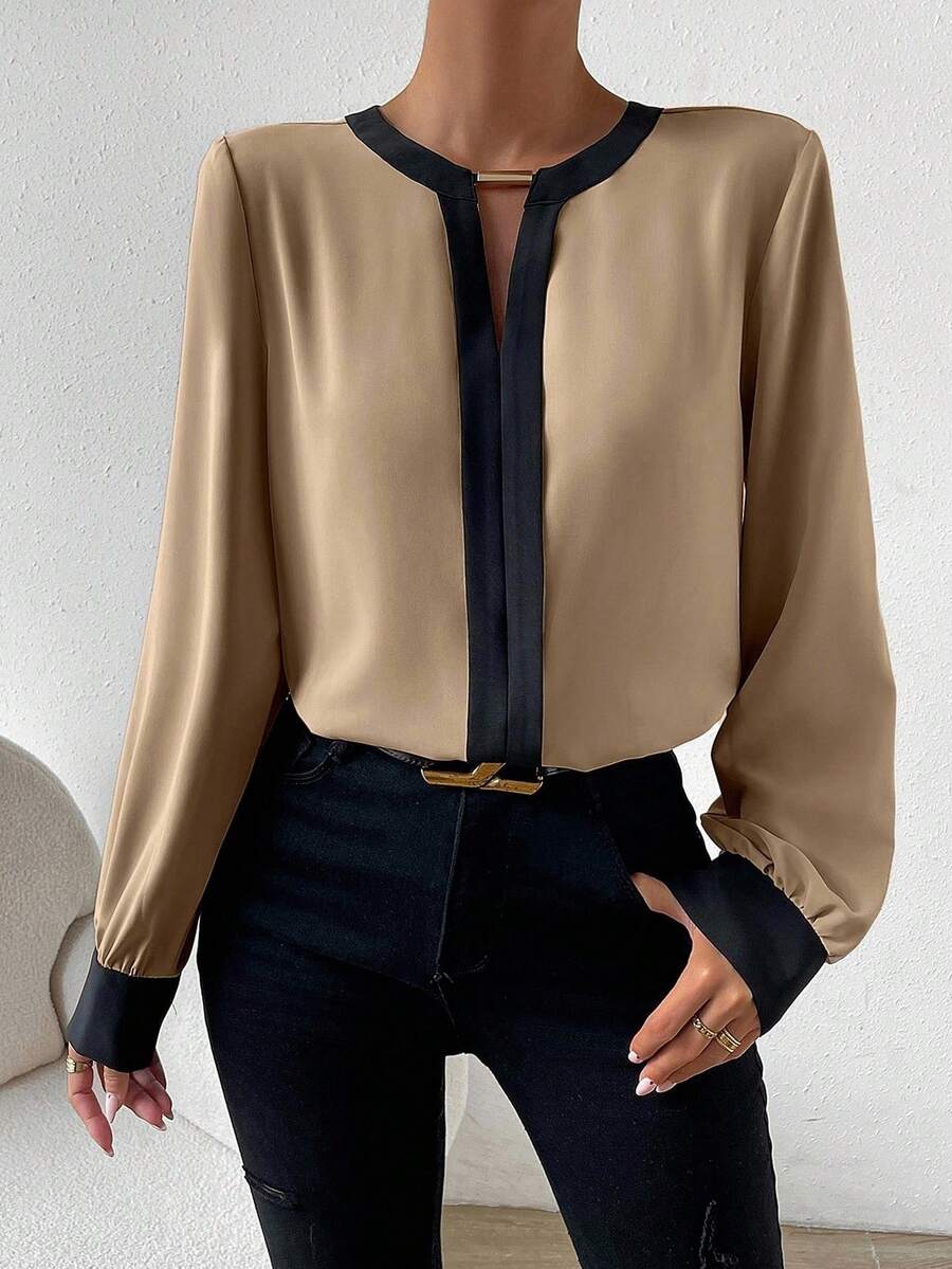 RosyDaze Camisa de manga larga minimalista con ribete de contraste para uso casual y diario de mujeres - Caqui - Ver 1