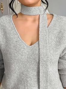 Vionelle Plus Size Women Knitted Autumn/Winter Fashion Ribbon Halter Atmosphere V-Neck Sweater, Soft & Cozy Casual Versatile Top Fall - Khaki - View 5
