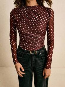 Poéselle Polka Dot Top, Ruched Long Sleeve Top , Chic Y2K Night-Out Layer, Women's Stand Collar Polka Dot Long Sleeve T-Shirt, Mesh Top, Fall Fashion, Y2k Party Top, Suitable For Daily Wear, Going Out, Commuting, Dating, Home And Other Occasions - Brown - View 5
