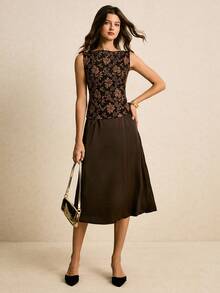 Poéselle 女士时尚复古无袖上衣和裙子两件套 - 棕色 - 查看 4