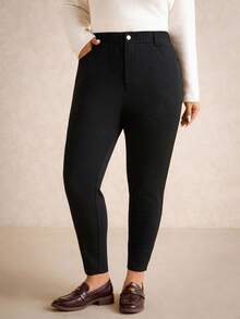 Elaquor Calça Skinny Preta Casual do Dia a Dia para Mulheres Plus Size - Damasco - Visão 1