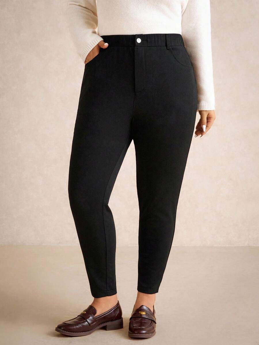 Elaquor Calça Skinny Preta Casual do Dia a Dia para Mulheres Plus Size - Damasco - Visão 1