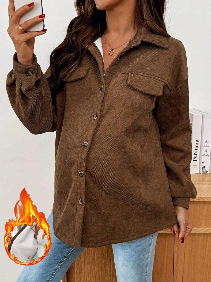 SHEIN Casual Loose Solid Color Long Sleeve Button-Up Warm Fleece Maternity Blouses - Brown - View 1