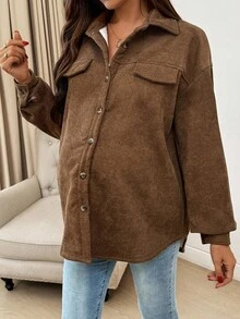 SHEIN Casual Loose Solid Color Long Sleeve Button-Up Warm Fleece Maternity Blouses - Brown - View 6