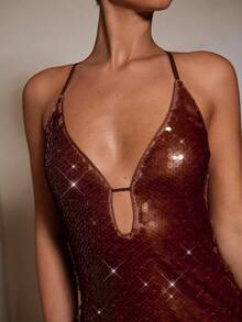 SHEIN BAE Autumn/Winter Burgundy Sequin Spaghetti Strap Hollow Out Bodycon Elegant Formal Maxi Dress,Luxurious Summer Party Event Gown, Club Wear For Women - Coffee - View 6
