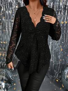 SHEIN PETITE Kaos Lengan Panjang Kasual Serbaguna Motif Renda Patchwork untuk Wanita Bertubuh Mungil - Hitam - View 4