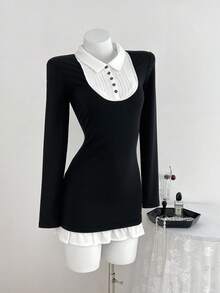 Elamini Váy dài tay họa tiết khối màu chắp vá dành cho nữ, phù hợp cho mùa tựu trường, Thu/Đông - màu đen - Xem 1