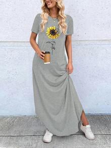 EMERY ROSE Women's Summer Sunflower Printed T-Shirt Style Dress Maxi Women Outfit - Light Grey - View 5