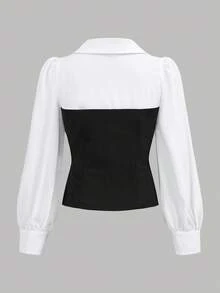 Girlism 少女优雅梭织拼布衬衫上衣和黑色喇叭裤套装 - 黑與白 - 查看 7