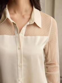 ZEYLAH 优雅女士波尔卡圆点网眼拼布长袖衬衫 - 杏色 - 查看 2