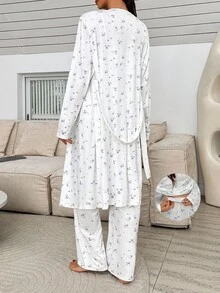 SHEIN 3pcs Maternity Sleepwear Set: Ditsy Floral Cami Top, Pants, And Robe Maternity Lounge Set, Winter